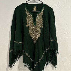 Dark green Kashmiri pure wool tasseled poncho, pearl and gold embroidery